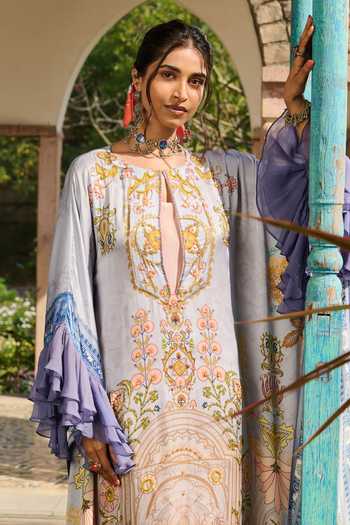Shop_RINESSA_Blue Organza, Satin, Modal Keyhole Embellished Suzani Print Kaftan With Slip _Online_at_Aza_Fashions