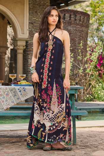 Buy RINESSA Blue Georgette, Crepe, Satin Halter Neck Hand Embellished Cross Printed Dress Online at Aza Fashions Buy_RINESSA_Blue Georgette, Crepe, Satin Halter Neck Hand Embellished Cross Printed Dress _Online_at_Aza_Fashions