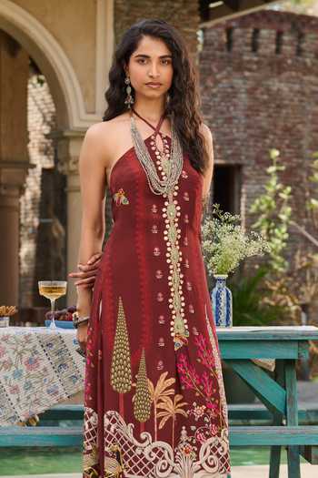 Buy_RINESSA_Maroon Georgette, Crepe, Satin Halter Neck Cross Printed Hand Embellished Dress _Online_at_Aza_Fashions