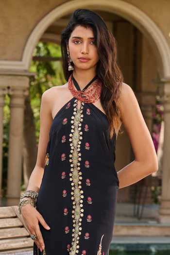 RINESSA Black Georgette, Crepe, Satin Halter Neck Printed And Embellished Cross Dress Online at Aza Fashions RINESSA_Black Georgette, Crepe, Satin Halter Neck Printed And Embellished Cross Dress _Online_at_Aza_Fashions