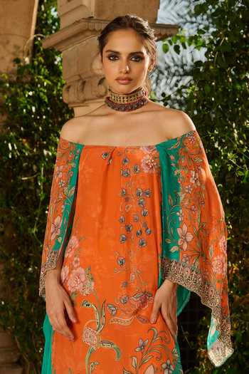 RINESSA Green Crepe Off-shoulder Hand Embellished Off Printed Kaftan Online at Aza Fashions RINESSA_Green Crepe Off-shoulder Hand Embellished Off Printed Kaftan _Online_at_Aza_Fashions