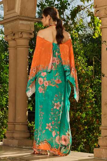 Shop RINESSA Green Crepe Off-shoulder Hand Embellished Off Printed Kaftan at Aza Fashions Shop_RINESSA_Green Crepe Off-shoulder Hand Embellished Off Printed Kaftan _at_Aza_Fashions