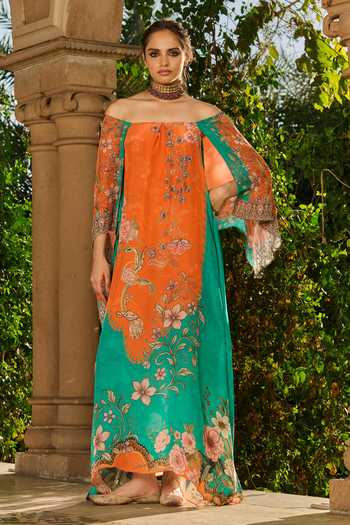 Buy RINESSA Green Crepe Off-shoulder Hand Embellished Off Printed Kaftan at Aza Fashions Buy_RINESSA_Green Crepe Off-shoulder Hand Embellished Off Printed Kaftan _at_Aza_Fashions