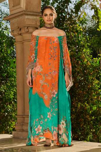 Shop RINESSA Green Crepe Off-shoulder Hand Embellished Off Printed Kaftan Online at Aza Fashions Shop_RINESSA_Green Crepe Off-shoulder Hand Embellished Off Printed Kaftan _Online_at_Aza_Fashions