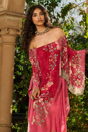 RINESSA Pink Crepe Off-shoulder Printed Hand Embellished Off Kaftan Online at Aza Fashions RINESSA_Pink Crepe Off-shoulder Printed Hand Embellished Off Kaftan _Online_at_Aza_Fashions