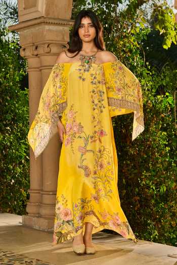 RINESSA Hand Embellished Printed Off Shoulder Kaftan 
