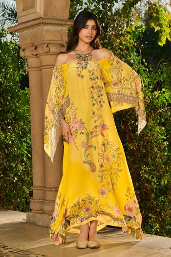 RINESSA_Yellow Crepe Off-shoulder Hand Embellished Printed Off Kaftan _Online_at_Aza_Fashions