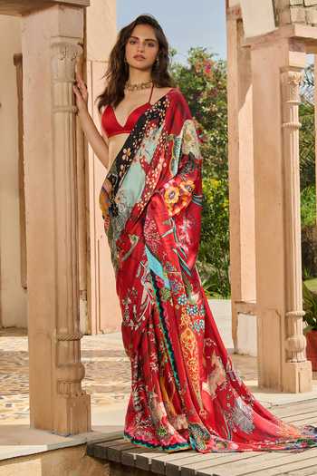 RINESSA Red Crepe, Satin, Shantoon Plunge Neck Abstract Print Saree With Bralette Online at Aza Fashions RINESSA_Red Crepe, Satin, Shantoon Plunge Neck Abstract Print Saree With Bralette _Online_at_Aza_Fashions