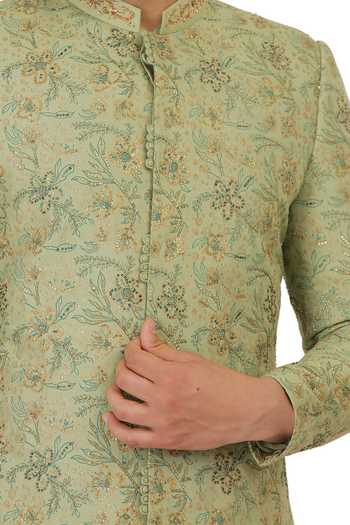 Buy Manish Nagdeo Green Cotton, Silk Embroidery Block Print Sherwani And Kurta Set For Kids Online at Aza Fashions Buy_Manish Nagdeo_Green Cotton, Silk Embroidery Block Print Sherwani And Kurta Set For Kids_Online_at_Aza_Fashions