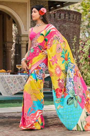 Shop_RINESSA_Multi Color Crepe, Satin, Shantoon Printed Saree With Haute Pink Pleated Blouse _Online_at_Aza_Fashions