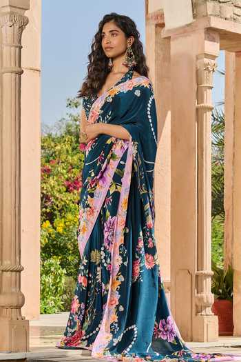 Buy_RINESSA_Green Crepe, Satin, Shantoon Floral Print Saree With Hand Embellished Blouse _Online_at_Aza_Fashions