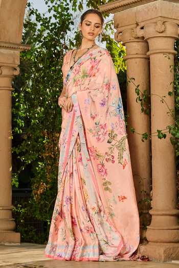 Buy_RINESSA_Peach Silk, Crepe, Satin, Dupion, Printed Saree With Hand Embroidered Blouse _Online_at_Aza_Fashions