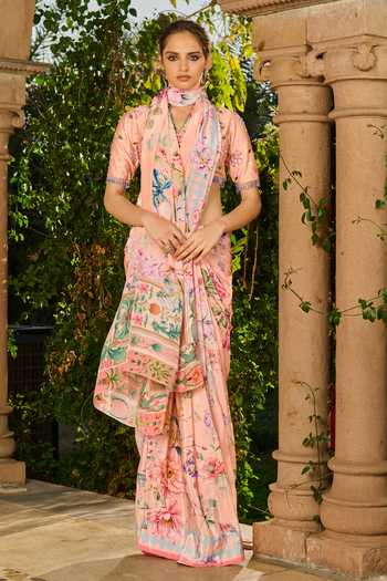 Shop_RINESSA_Peach Silk, Crepe, Satin, Dupion, Printed Saree With Hand Embroidered Blouse _Online_at_Aza_Fashions
