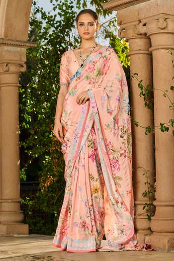 RINESSA_Peach Silk, Crepe, Satin, Dupion, Printed Saree With Hand Embroidered Blouse _at_Aza_Fashions