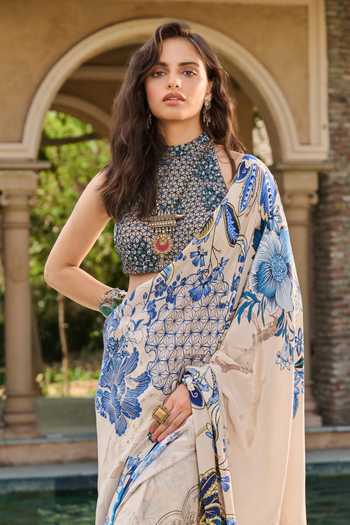 RINESSA Beige Crepe, Net, Satin, Shantoon Printed Saree With Hand Embellished Blouse Online at Aza Fashions RINESSA_Beige Crepe, Net, Satin, Shantoon Printed Saree With Hand Embellished Blouse _Online_at_Aza_Fashions