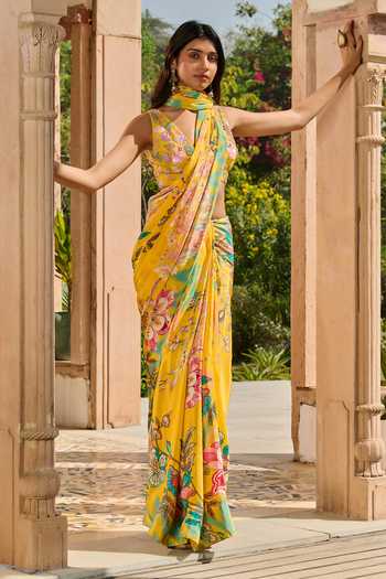 RINESSA Yellow Crepe, Satin, Shantoon V-neck Printed Saree With Hand Embroidered Blouse at Aza Fashions RINESSA_Yellow Crepe, Satin, Shantoon V-neck Printed Saree With Hand Embroidered Blouse _at_Aza_Fashions