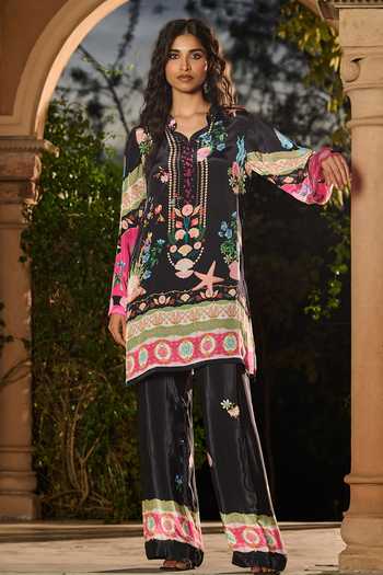 Buy RINESSA Black Crepe Mandarin Collar Silky Printed Kurta And Pant Co-ord Set Online at Aza Fashions Buy_RINESSA_Black Crepe Mandarin Collar Silky Printed Kurta And Pant Co-ord Set _Online_at_Aza_Fashions