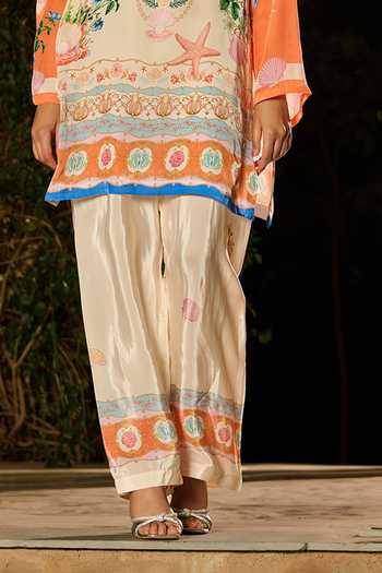 RINESSA Ivory Crepe Mandarin Collar, Yes Life Print Kurta And Pant Co-ord Set Online at Aza Fashions RINESSA_Ivory Crepe Mandarin Collar, Yes Life Print Kurta And Pant Co-ord Set _Online_at_Aza_Fashions