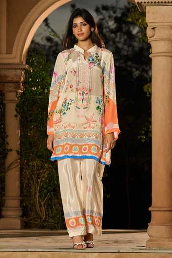 Shop RINESSA Ivory Crepe Mandarin Collar, Yes Life Print Kurta And Pant Co-ord Set Online at Aza Fashions Shop_RINESSA_Ivory Crepe Mandarin Collar, Yes Life Print Kurta And Pant Co-ord Set _Online_at_Aza_Fashions
