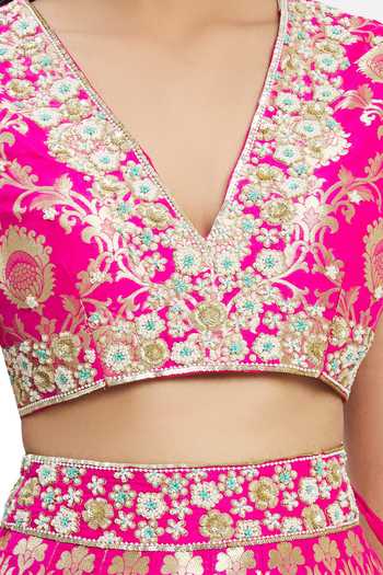 Neha Khullar_Pink , Brocade, Chanderi Sequins, Floral Woven Banarasi Lehenga Set For Kids_Online_at_Aza_Fashions