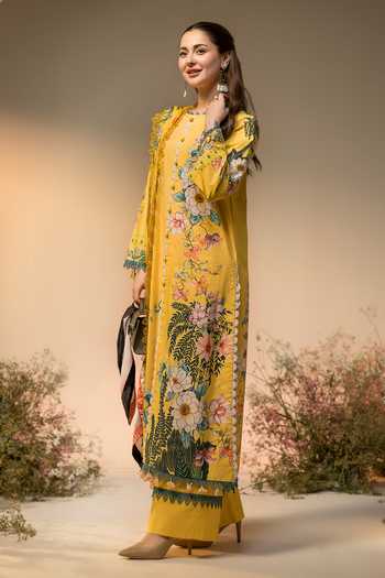 RINESSA_Yellow Cotton, Silk Round Neck Citrus Splash Printed Kurta Set _Online_at_Aza_Fashions