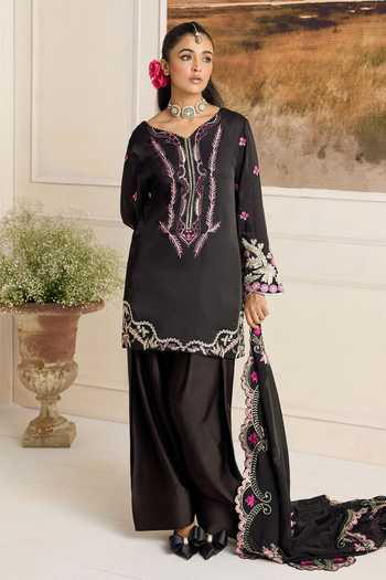 RINESSA_Black Organza, Bemberg, Satin V-neck, Lelah Embroidered Kurta Farshi Salwar Set _at_Aza_Fashions