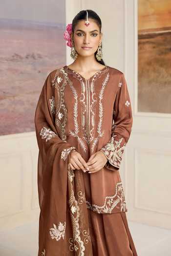 Shop_RINESSA_Brown Organza, Bemberg, Satin Lelah Thread Embroidered Kurta Farshi Salwar Set _Online_at_Aza_Fashions