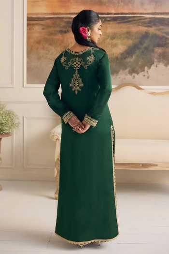 Shop RINESSA Emerald Green Bemberg, Organza, Satin Split Ecstasy Embroidered Slit Kurta Set at Aza Fashions Shop_RINESSA_Emerald Green Bemberg, Organza, Satin Split Ecstasy Embroidered Slit Kurta Set _at_Aza_Fashions