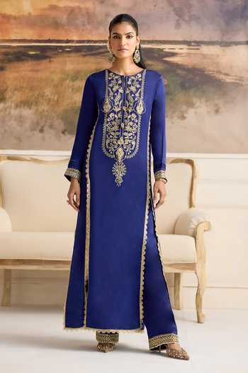 RINESSA_Blue Organza, Bemberg, Satin Round Neck, Yes Ecstasy Embroidered Slit Kurta Set _Online_at_Aza_Fashions