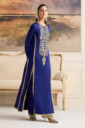 Buy_RINESSA_Blue Organza, Bemberg, Satin Round Neck, Yes Ecstasy Embroidered Slit Kurta Set _Online_at_Aza_Fashions