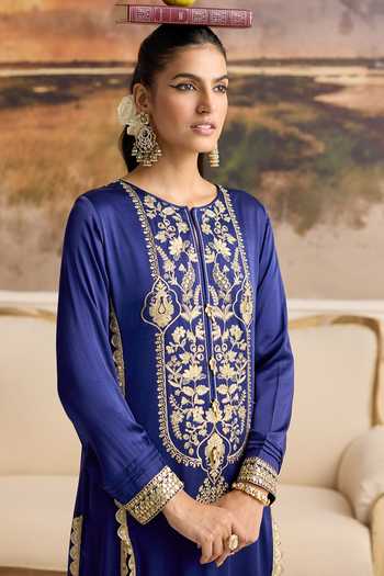 Shop_RINESSA_Blue Organza, Bemberg, Satin Round Neck, Yes Ecstasy Embroidered Slit Kurta Set _Online_at_Aza_Fashions