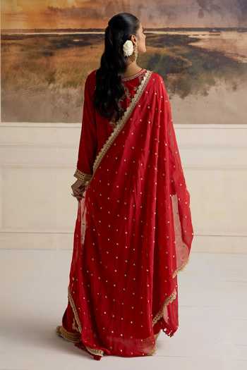 Shop RINESSA Red Organza, Satin, Bemberg Split V-neck, Yes Ecstasy Embroidered Slit Kurta Set at Aza Fashions Shop_RINESSA_Red Organza, Satin, Bemberg Split V-neck, Yes Ecstasy Embroidered Slit Kurta Set _at_Aza_Fashions