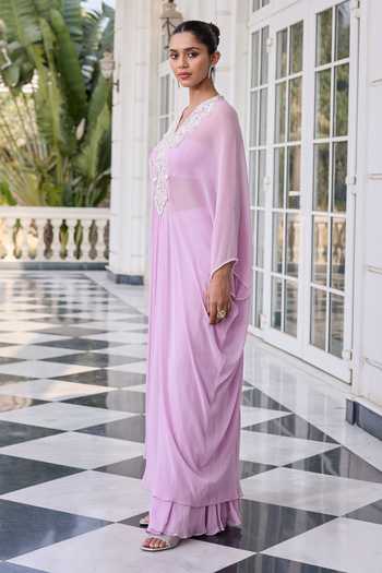 Shop RINESSA Lavender Georgette, Net, Shantoon V-neck Pearl Embellished Kaftan Set Online at Aza Fashions Shop_RINESSA_Lavender Georgette, Net, Shantoon V-neck Pearl Embellished Kaftan Set _Online_at_Aza_Fashions