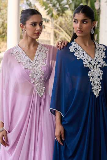 RINESSA Blue Georgette, Net, Shantoon V-neck Pearl Embellished Kaftan Pant Set at Aza Fashions RINESSA_Blue Georgette, Net, Shantoon V-neck Pearl Embellished Kaftan Pant Set _at_Aza_Fashions
