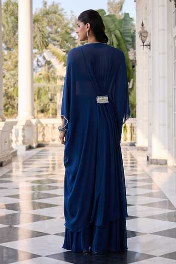 Shop RINESSA Blue Georgette, Net, Shantoon V-neck Pearl Embellished Kaftan Pant Set at Aza Fashions Shop_RINESSA_Blue Georgette, Net, Shantoon V-neck Pearl Embellished Kaftan Pant Set _at_Aza_Fashions