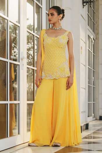 Buy RINESSA Yellow Organza, Georgette, Net, Shantoon Embroidered Draped Kurta With Trouser at Aza Fashions Buy_RINESSA_Yellow Organza, Georgette, Net, Shantoon Embroidered Draped Kurta With Trouser _at_Aza_Fashions