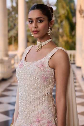 RINESSA Ivory Georgette, Shantoon, Net, Organza Embroidered Draped Kurta With Trouser Online at Aza Fashions RINESSA_Ivory Georgette, Shantoon, Net, Organza Embroidered Draped Kurta With Trouser _Online_at_Aza_Fashions