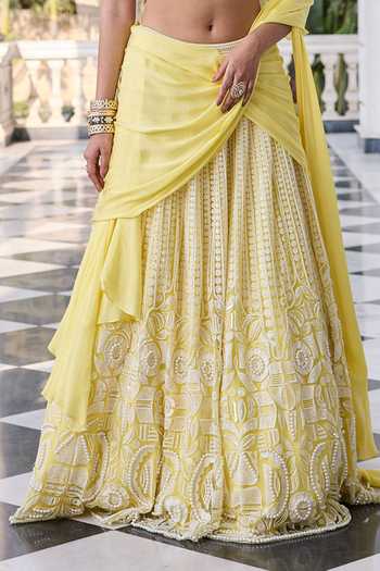 Shop_RINESSA_Yellow Georgette, Satin, Net, Shantoon Sweetheart Pearl Embroidered Lehenga Set _Online_at_Aza_Fashions