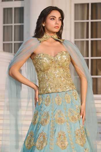 RINESSA_Blue Silk, Net, Dupion, Shantoon Embroidery Hand Embellished Corset Lehenga Set _Online_at_Aza_Fashions