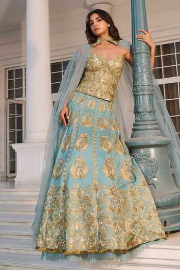Shop_RINESSA_Blue Silk, Net, Dupion, Shantoon Embroidery Hand Embellished Corset Lehenga Set _Online_at_Aza_Fashions