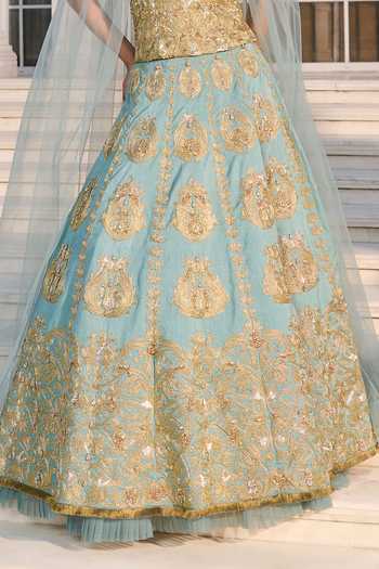 RINESSA_Blue Silk, Net, Dupion, Shantoon Embroidery Hand Embellished Corset Lehenga Set _at_Aza_Fashions