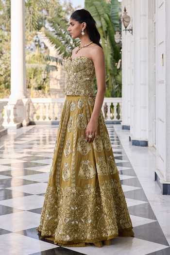RINESSA Olive Green Dupion, Net, Shantoon Hand Embellished Corset Lehenga Set Online at Aza Fashions RINESSA_Olive Green Dupion, Net, Shantoon Hand Embellished Corset Lehenga Set _Online_at_Aza_Fashions