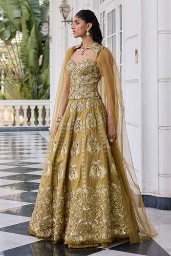 Buy RINESSA Olive Green Dupion, Net, Shantoon Hand Embellished Corset Lehenga Set Online at Aza Fashions Buy_RINESSA_Olive Green Dupion, Net, Shantoon Hand Embellished Corset Lehenga Set _Online_at_Aza_Fashions