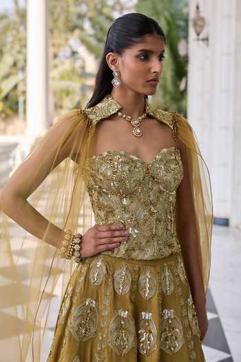 Shop RINESSA Olive Green Dupion, Net, Shantoon Hand Embellished Corset Lehenga Set Online at Aza Fashions Shop_RINESSA_Olive Green Dupion, Net, Shantoon Hand Embellished Corset Lehenga Set _Online_at_Aza_Fashions