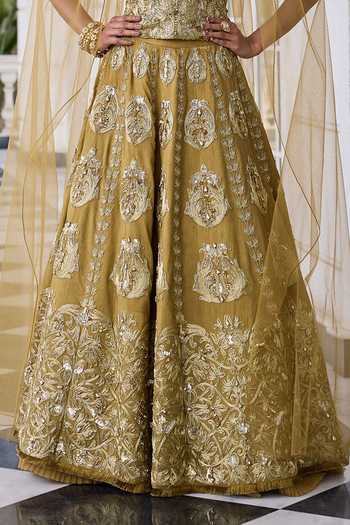 RINESSA Olive Green Dupion, Net, Shantoon Hand Embellished Corset Lehenga Set at Aza Fashions RINESSA_Olive Green Dupion, Net, Shantoon Hand Embellished Corset Lehenga Set _at_Aza_Fashions