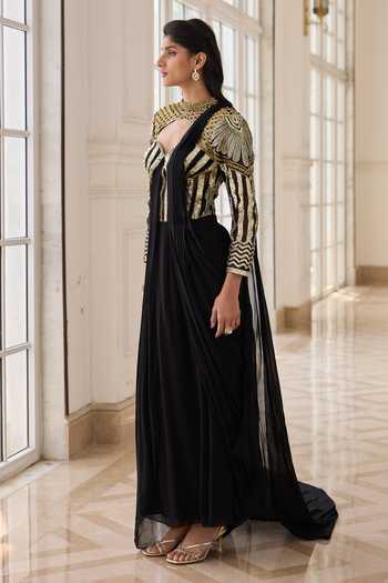 RINESSA_Black Georgette, Net, Shantoon Sweetheart Embellished Draped Saree With Blouse _Online_at_Aza_Fashions