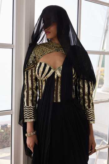 Buy_RINESSA_Black Georgette, Net, Shantoon Sweetheart Embellished Draped Saree With Blouse _Online_at_Aza_Fashions