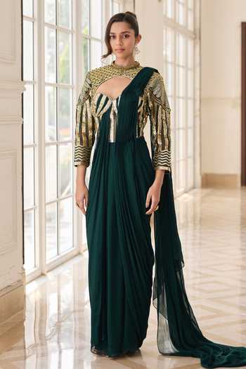 RINESSA_Green Georgette, Net, Shantoon Sweetheart Embellished Draped Saree With Blouse _Online_at_Aza_Fashions