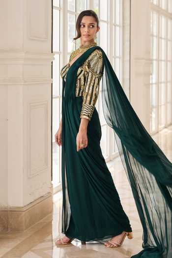 Buy_RINESSA_Green Georgette, Net, Shantoon Sweetheart Embellished Draped Saree With Blouse _Online_at_Aza_Fashions