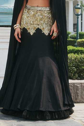 RINESSA Black Silk, Net, Chiffon, Dupion, Embellished Cape And Fishcut Lehenga Set Online at Aza Fashions RINESSA_Black Silk, Net, Chiffon, Dupion, Embellished Cape And Fishcut Lehenga Set _Online_at_Aza_Fashions